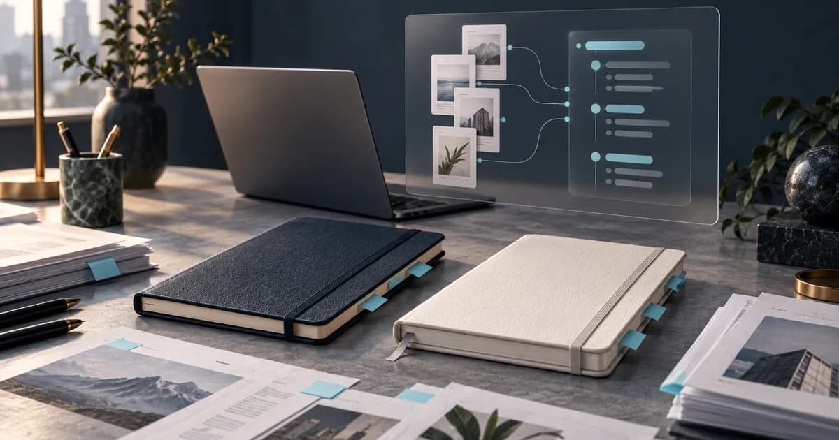 Notatniki, dokumenty źródłowe i schemat porządkowania wiedzy obok laptopa