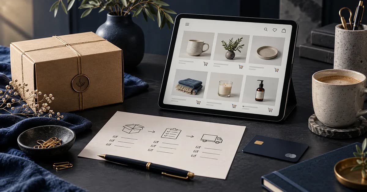 Tablet z układem sklepu internetowego, paczka i karty planowania zamówień